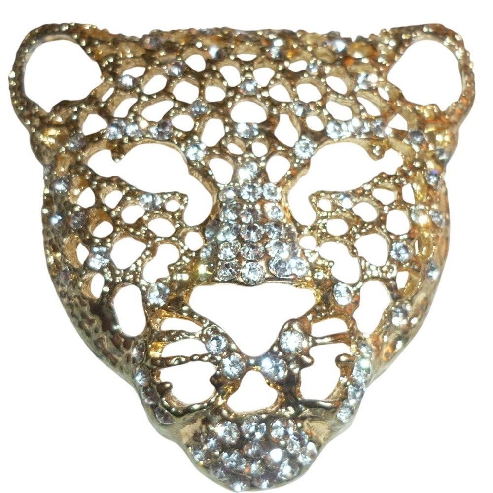 Gold Tone Rhinestone Leopard Cheetah Head pendant Statement Animal Jewelry